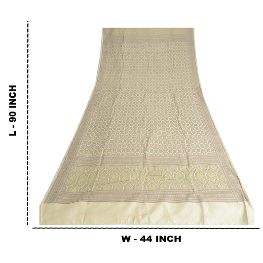 Sanskriti Vintage Dupatta Long Stole Cream Pure 100%Silk Hijab Woven Floral Veil