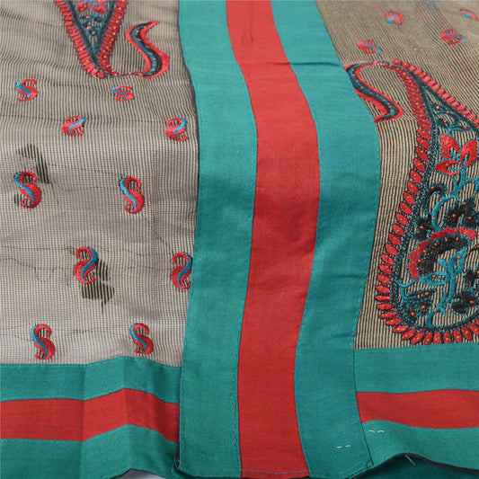 Sanskriti Vintage Dupatta Long Stole Art Silk Ivory Embroidered Paisley Scarves