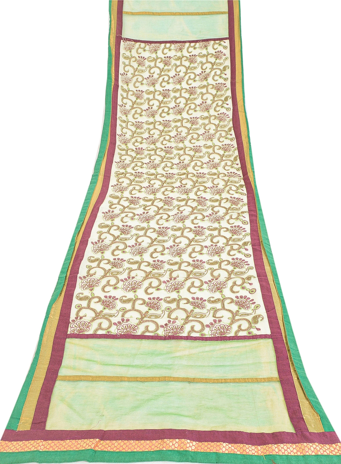 Sanskriti Vintage Ivory/Green Dupatta Long Stole Art Silk Hand Beaded Wrap Veil