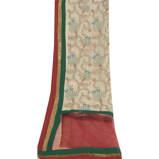 Sanskriti Vintage Cream/Dark Red Dupatta Long Scarf Art Silk Embroidered Scarves For Crafting, Upcycling, or Even Wearing, DIY Projects