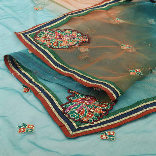 Sanskriti Vintage Dupatta Long Stole Net Mesh Green/Brown Embroidered Wrap Veil