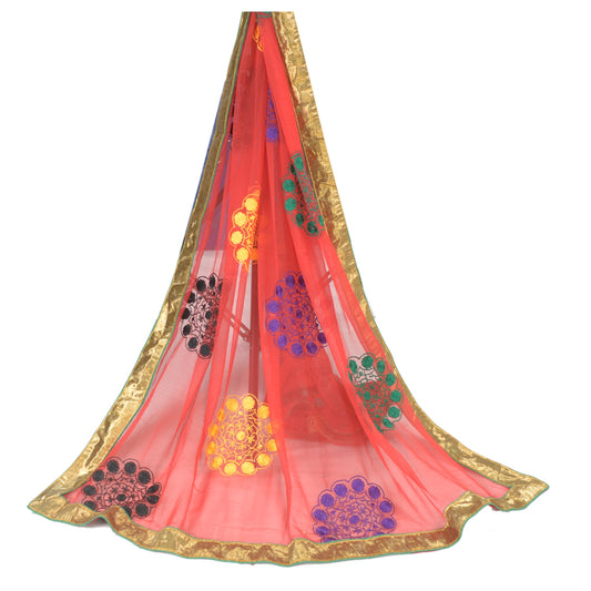 Sanskriti Vintage Rød Dupatta Lang Stola Ren Chiffon Silke Broderet Tørklæder