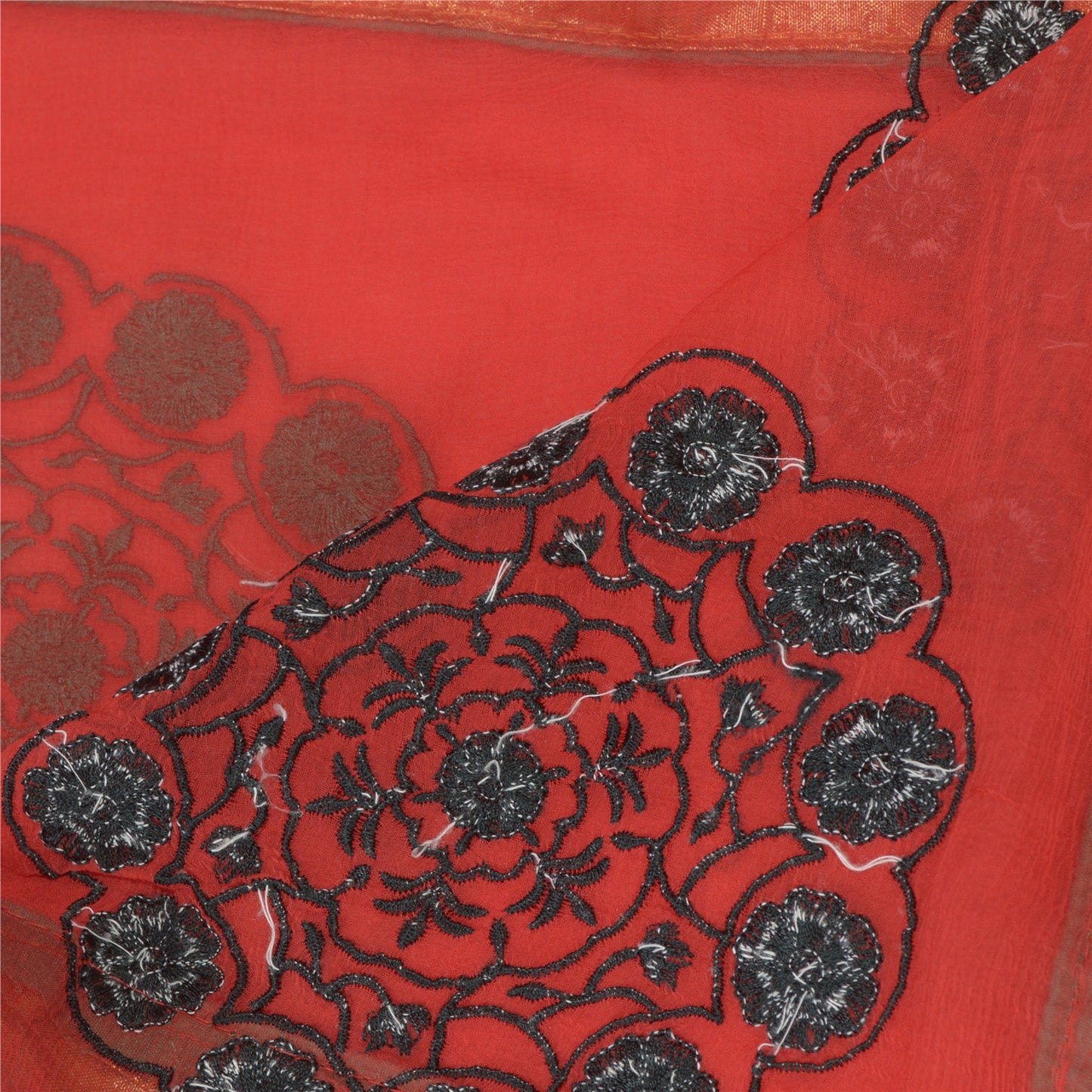 Sanskriti Vintage Red Dupatta Long Stole Pure Chiffon Silk Embroidered Scarves
