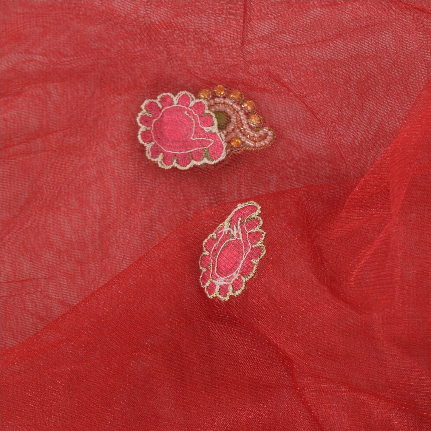 Sanskriti Vintage Dark Red Dupatta Long Stole Net Mesh Hand Beaded Wrap Scarves