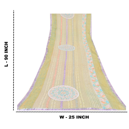 Sanskriti Vintage Green Silk Dupatta: Hand-Beaded Long Scarf India Upcycled Remnant Fabric, Neck Shawl Used Head Stole Craft Supplies