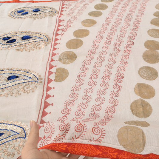 Sanskriti Vintage Off White Dupatta Long Scarf Pure Cotton Embroidered Veil Design- Dresses, Kaftans, Skirts, or Blouses Long Headscarf