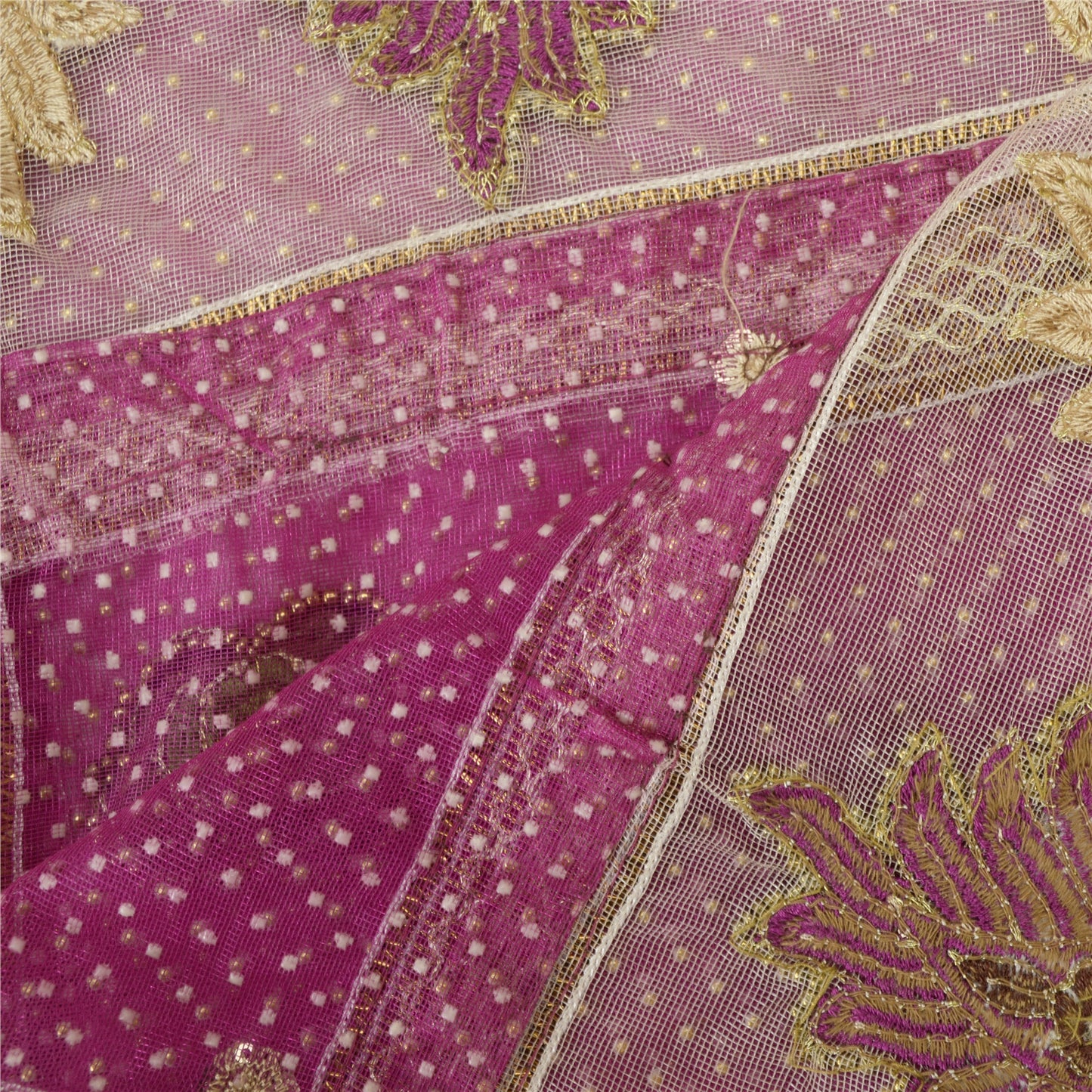 Sanskriti Vintage Pink Dupatta Long Stole Net Mesh Hand Beaded Mukeish Work Veil