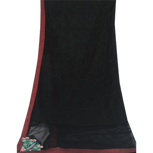 Sanskriti Vintage Dupatta Long Scarf Net Black Hijab Hand Embroidered Sequins Patch Veil Bohemian Fabric Dressmaking, Craft Supplies