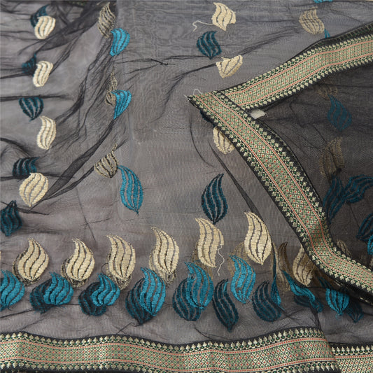 Sanskriti Vintage Black Dupatta Long Stole Net Mesh Embroidered Premium Scarves