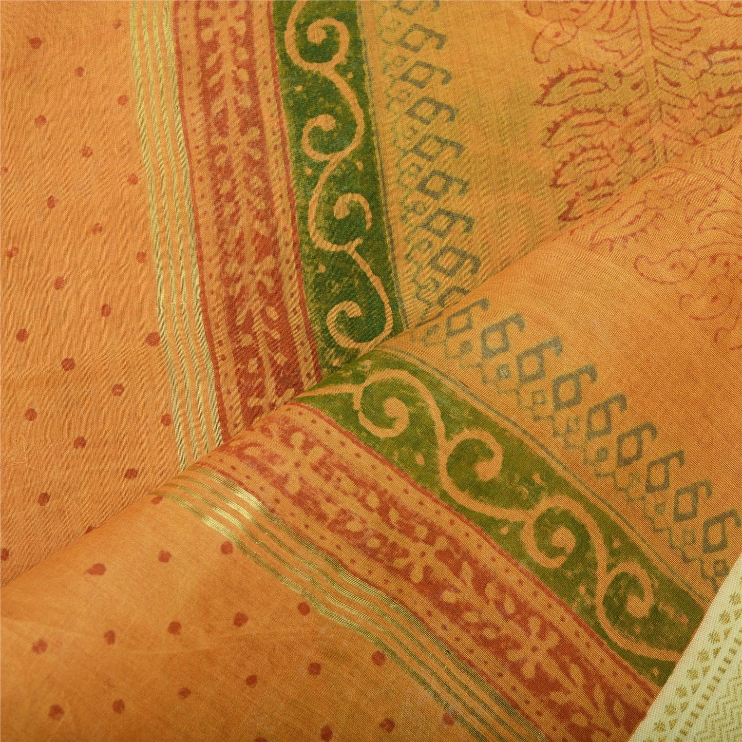 Sanskriti Vintage Dupatta Long Stole Pure Silk Saffron Shawl Block Printed Veil Scarves