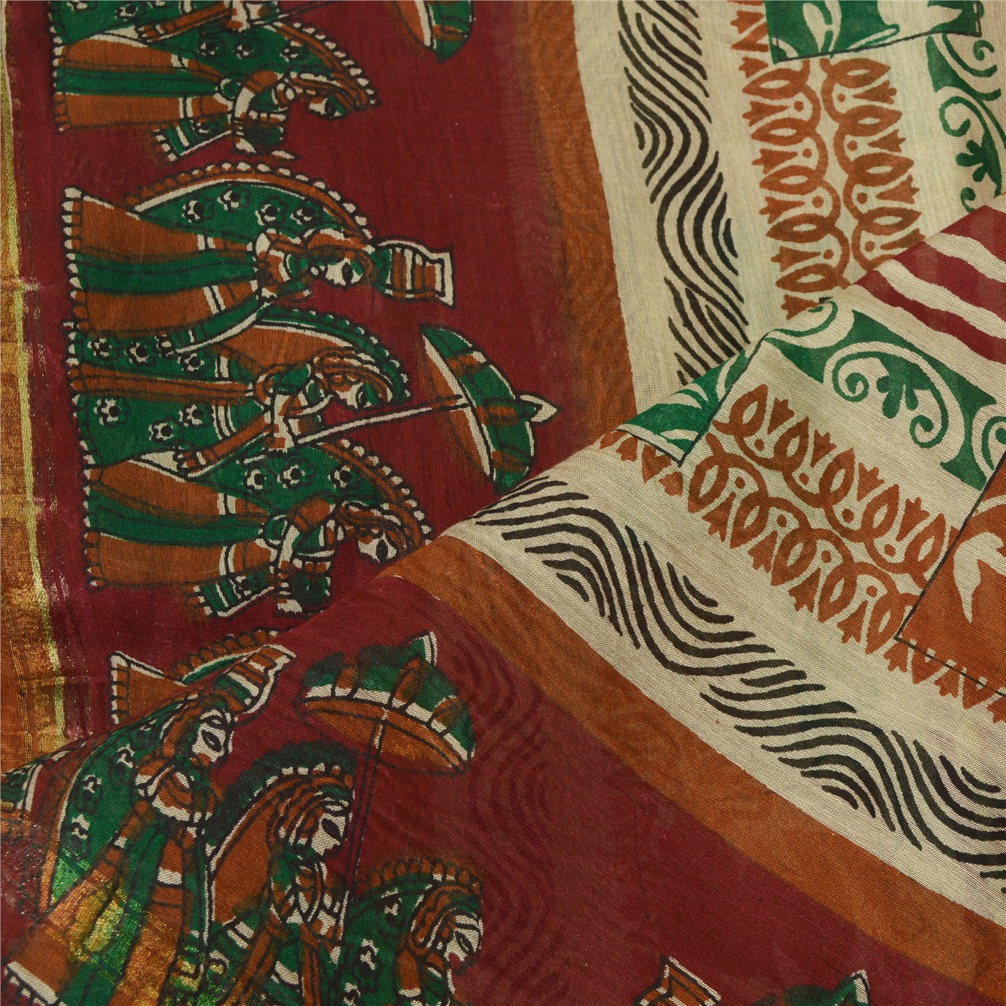 Sanskriti Vintage Dupatta Long Stole Pure Cotton Dark Red/Cream Printed Scarves