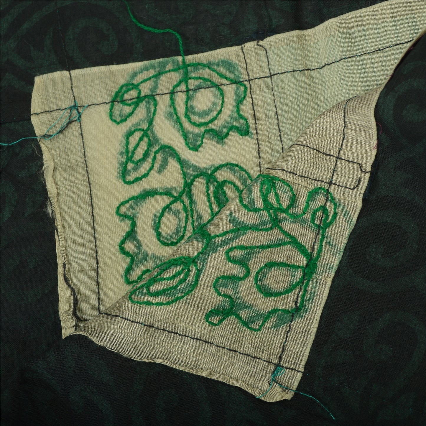 Sanskriti Vintage Dupatta Long Pure Cotton Green Hand Embroidered Hijab India Upcycled Remnant Neck Shawl Craft Supplies