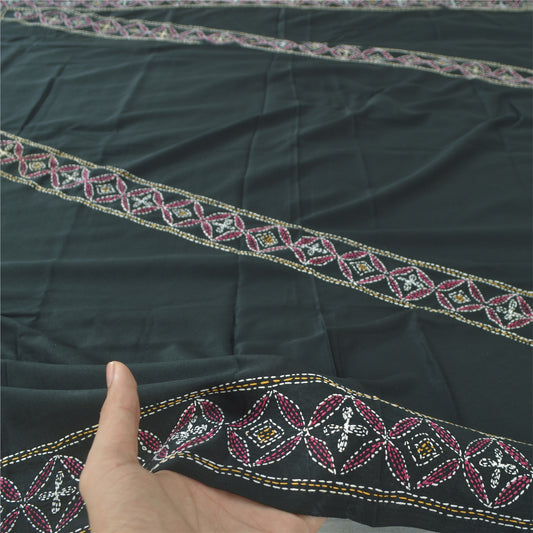 Sanskriti Vintage Black Dupatta Long Stole Art Silk Hand Embroidered Kantha Veil