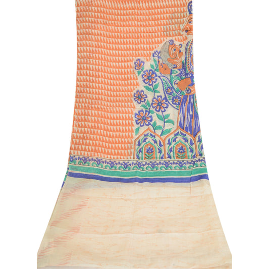 Sanskriti Vintage Cream Dupatta Long Stole Pure Tussar Silk Human Printed Veil