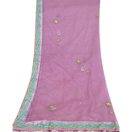 Sanskriti Vintage Dupatta Long Stole Net Mesh Purple Hand Beaded Wrap Veil