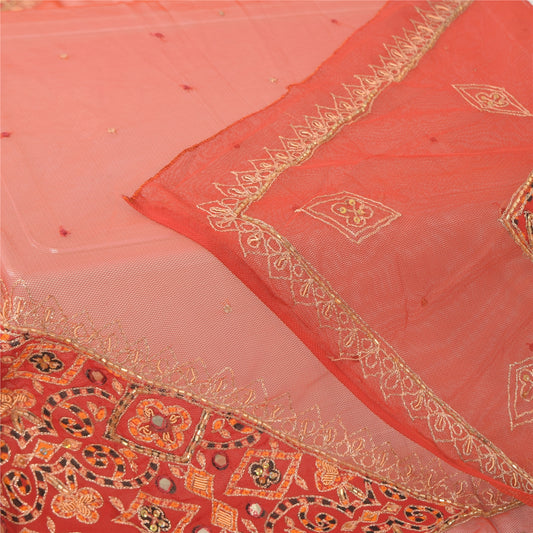 Sanskriti Vintage Dupatta Long Stole Net Mesh Orange Hand Beaded Wrap Veil