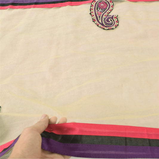 Sanskriti Vintage Cream Dupatta Long Stole Net Mesh Embroidered Indian Soft Veil