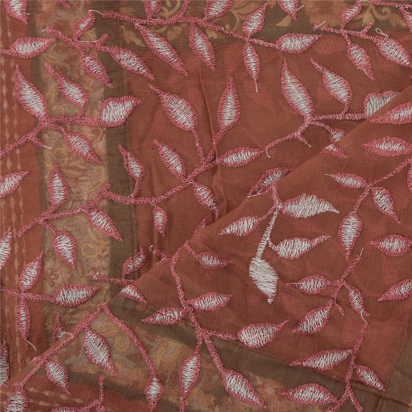 Sanskriti Vintage Brown Dupatta Long Stole Pure Chiffon Silk Embroidered Veil