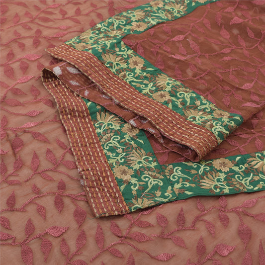Sanskriti Vintage Brown Dupatta Long Stole Pure Chiffon Silk Embroidered Veil