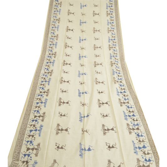 Sanskriti Vintage Dupatta Long Stole Blend Silk Ivory Scarves Warli Printed Veil