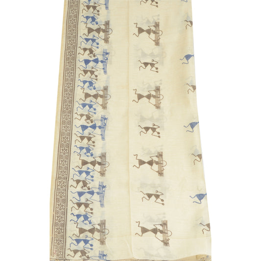 Sanskriti Vintage Dupatta Long Stole Blend Silk Ivory Scarves Warli Printed Veil