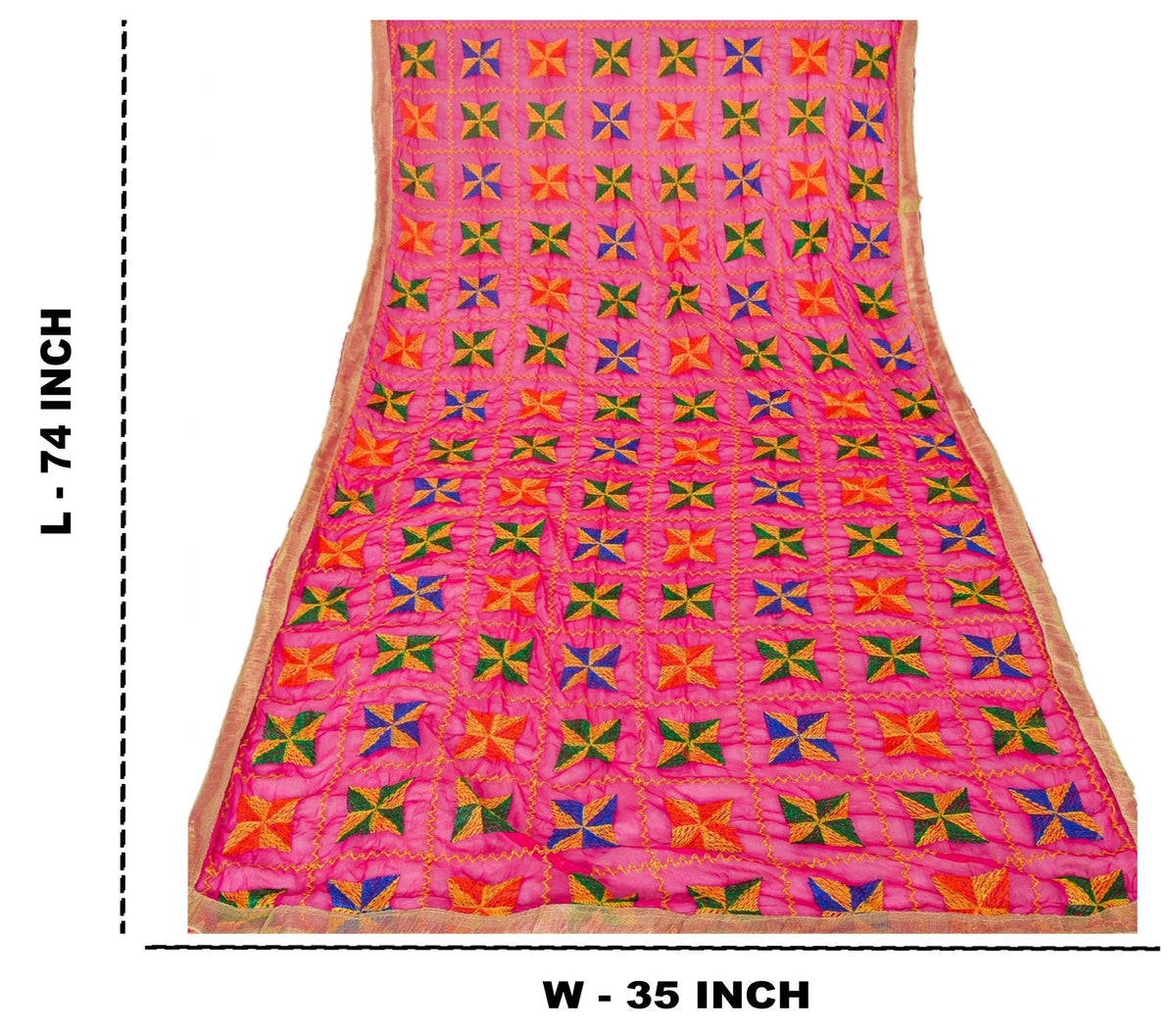 Sanskriti New Bagh Phulkari Hand Embroidery Dupatta/Stole Pink Pure Chiffon Silk