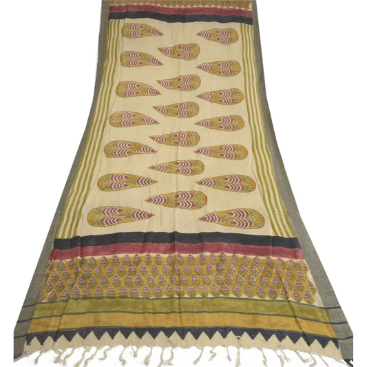 Sanskriti Vintage Dupatta Long Stole Pure Woolen Shawl Ivory Printed Scarves