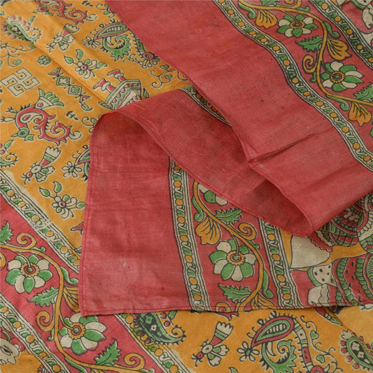 Sanskriti Vintage Yellow Dupatta Long Stole Pure Silk Block Printed Pattachitra