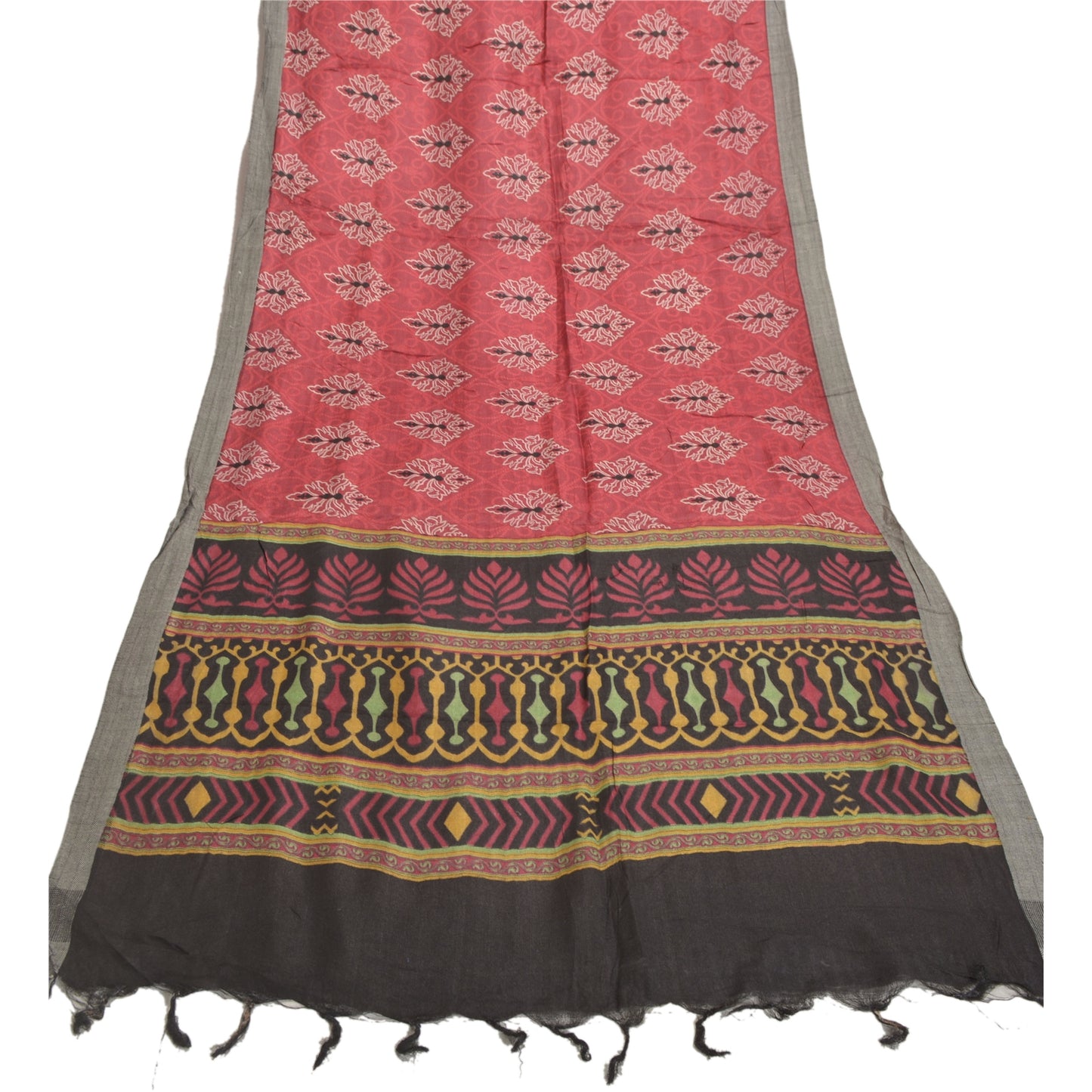 Sanskriti Vintage Dupatta Red & Black Pure Woolen Long Stole Shawl Floral Printed Work For Crafting, Upcycling, Even Wearing, Home Decor