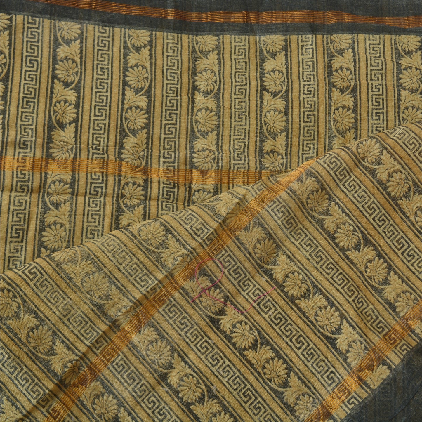 Sanskriti Vintage Dupatta Long Stole 100% Pure Silk Brown Print Zari Border Veil