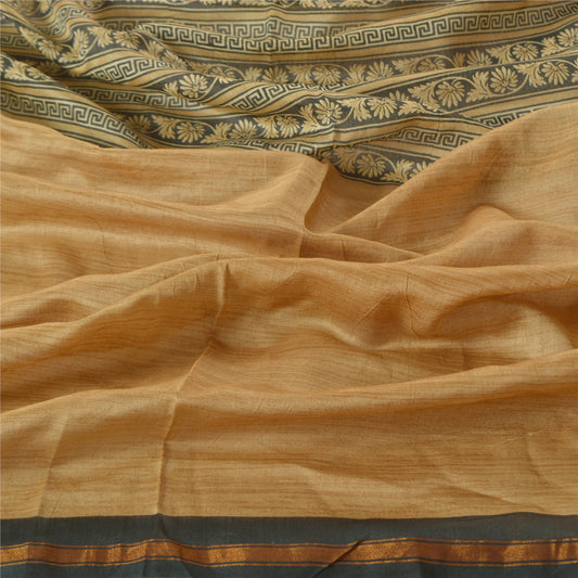 Sanskriti Vintage Dupatta Long Stole 100% Pure Silk Brown Print Zari Border Veil