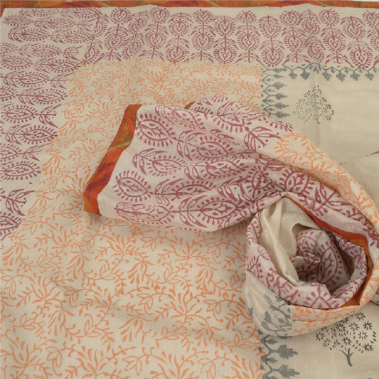 Sanskriti Vintage Dupatta Lange Stole Elfenbensfarvede Håndbloktrykte Tørklæder