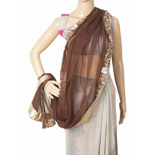 Sanskriti Vintage Dupatta Long Stole Net Mesh Brown Hand Embroidery Dabka Veil