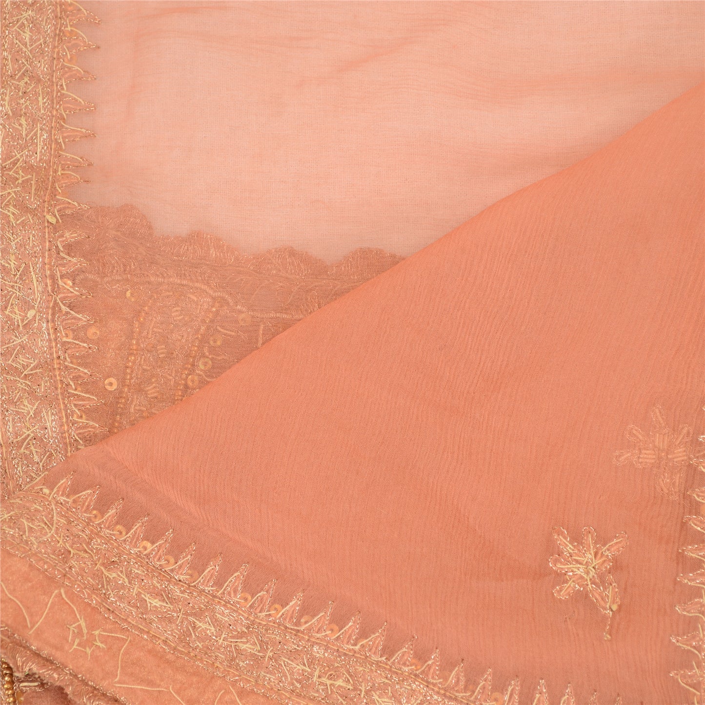 Sanskriti Vintage Dupatta Long Stole Pure Chiffon Silk Peach Hand Beaded Scarves