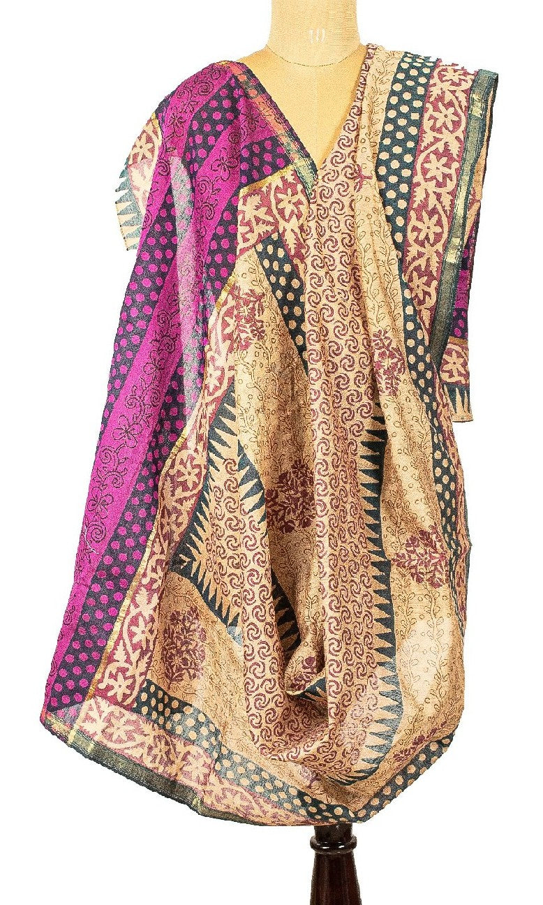 Sanskriti Vintage Dupatta Long Stole Blend Silk Ivory Printed Wrap Scarves