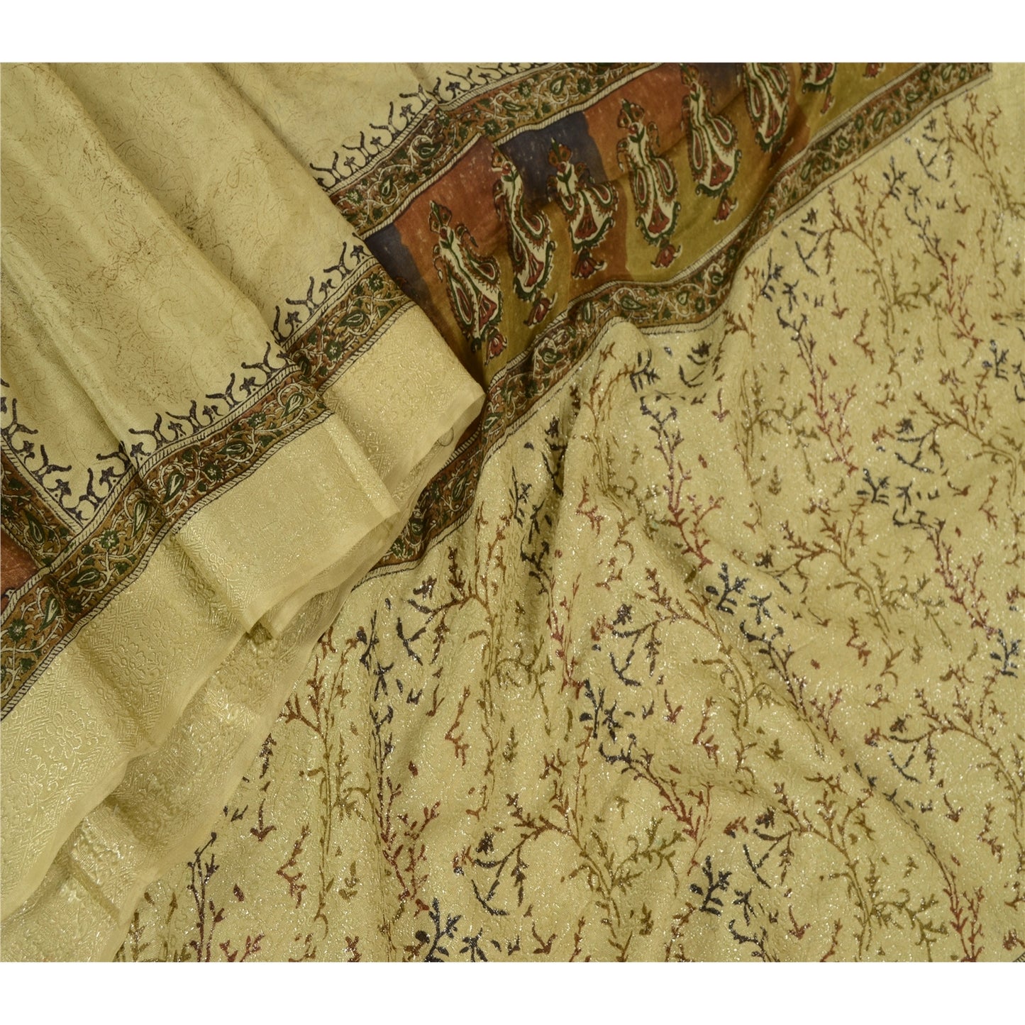 Sanskriti Vintage Dupatta Long Stole Pure Silk Olive Green Embroidered Woven