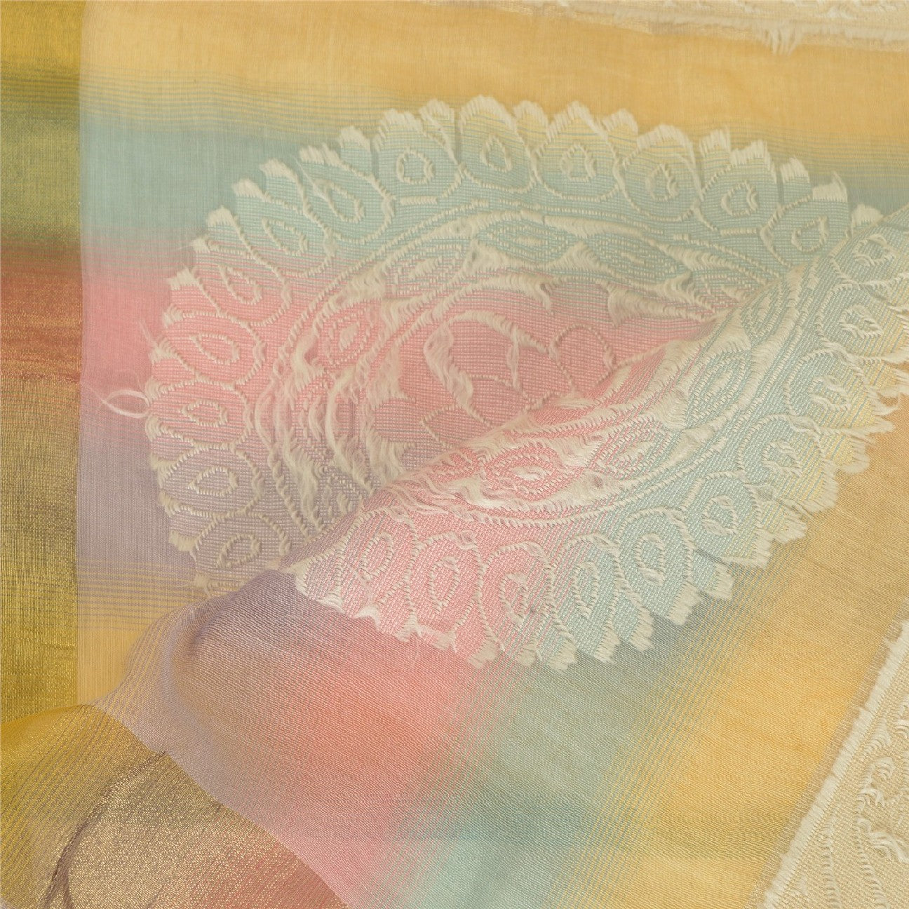 Sanskriti Vintage Dupatta Long Stole Blend Silk Ivory Hijab Hand-Woven Scarves