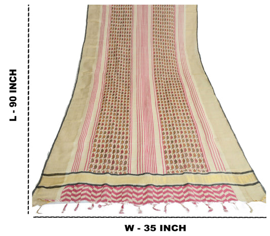 Sanskriti Vintage Ivory Long Dupatta Stole Pure Cotton Hijab Printed Wrap Veil