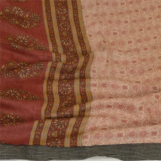 Sanskriti Vintage Floral Printed Cotton Silk Long Dupatta Stole Ivory-Red Veil