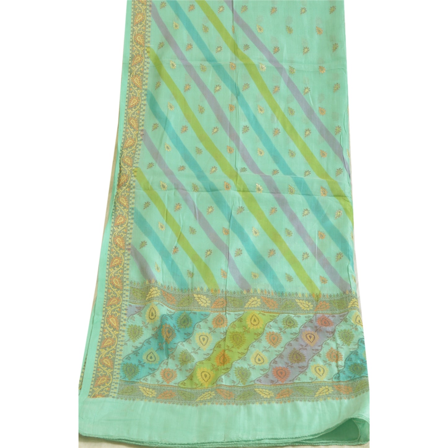 Sanskriti Vintage Long Dupatta Stole Pure Silk Sea Green Veil Woven Scarves
