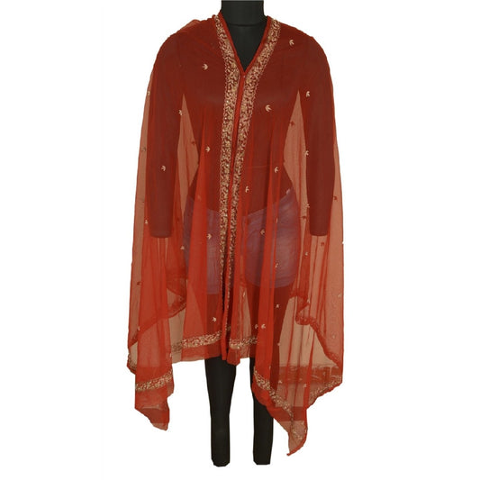 Sanskriti Vintage Brick Red Long Dupatta Stole Net Mesh Hand Beaded Scarves