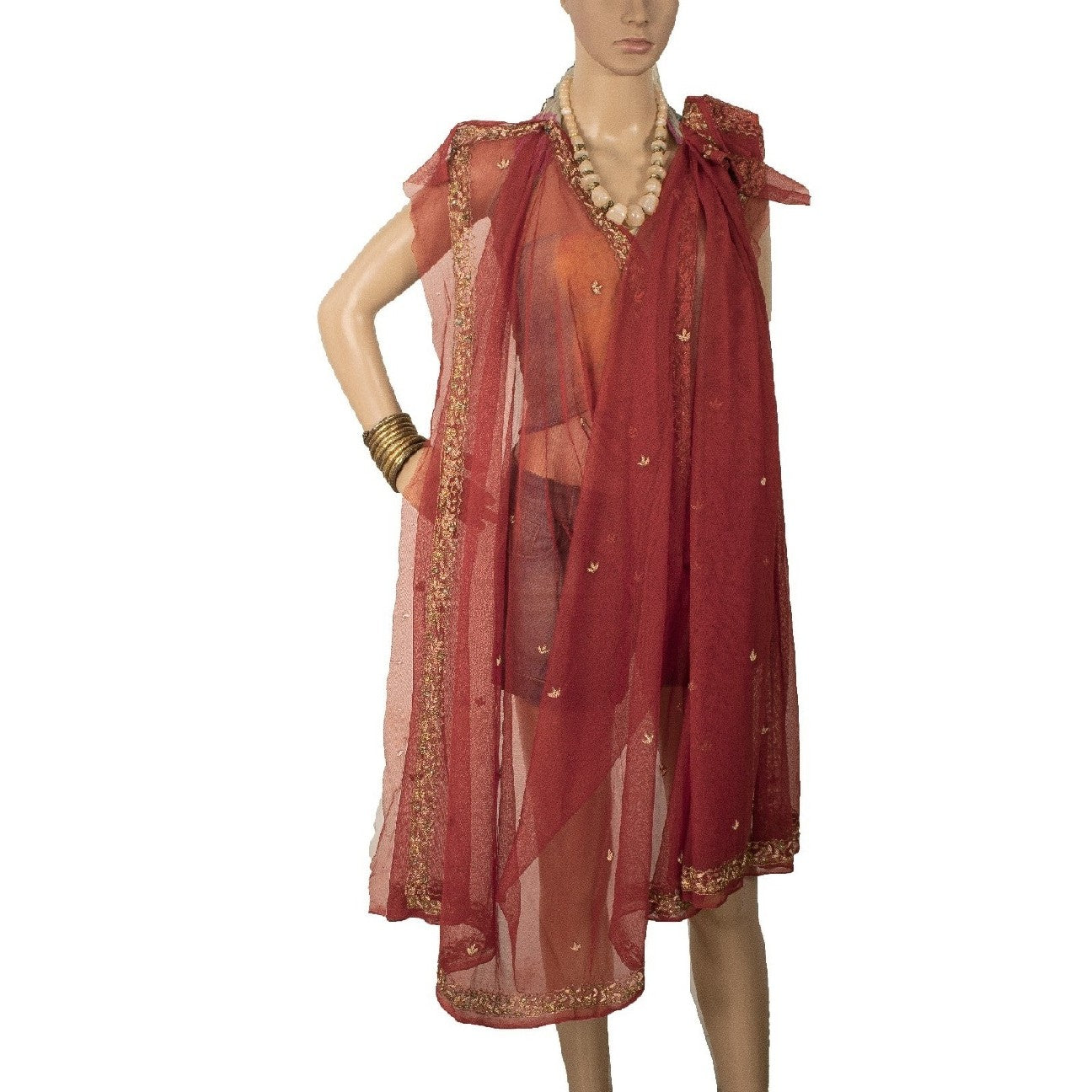 Sanskriti Vintage Brick Red Long Dupatta Stole Net Mesh Hand Beaded Scarves