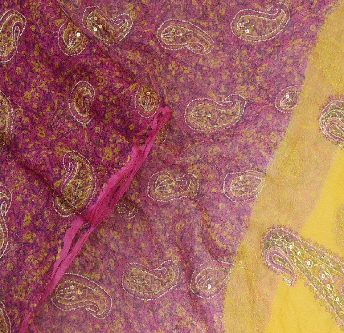 Sanskriti Vintage Long Pink/Yellow Dupatta/Stole Pure Chiffon Silk Hand Beaded