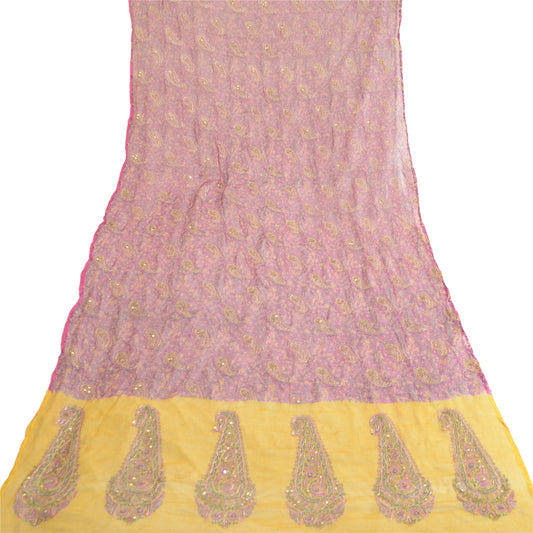 Sanskriti Vintage Long Pink/Yellow Dupatta/Stole Pure Chiffon Silk Hand Beaded