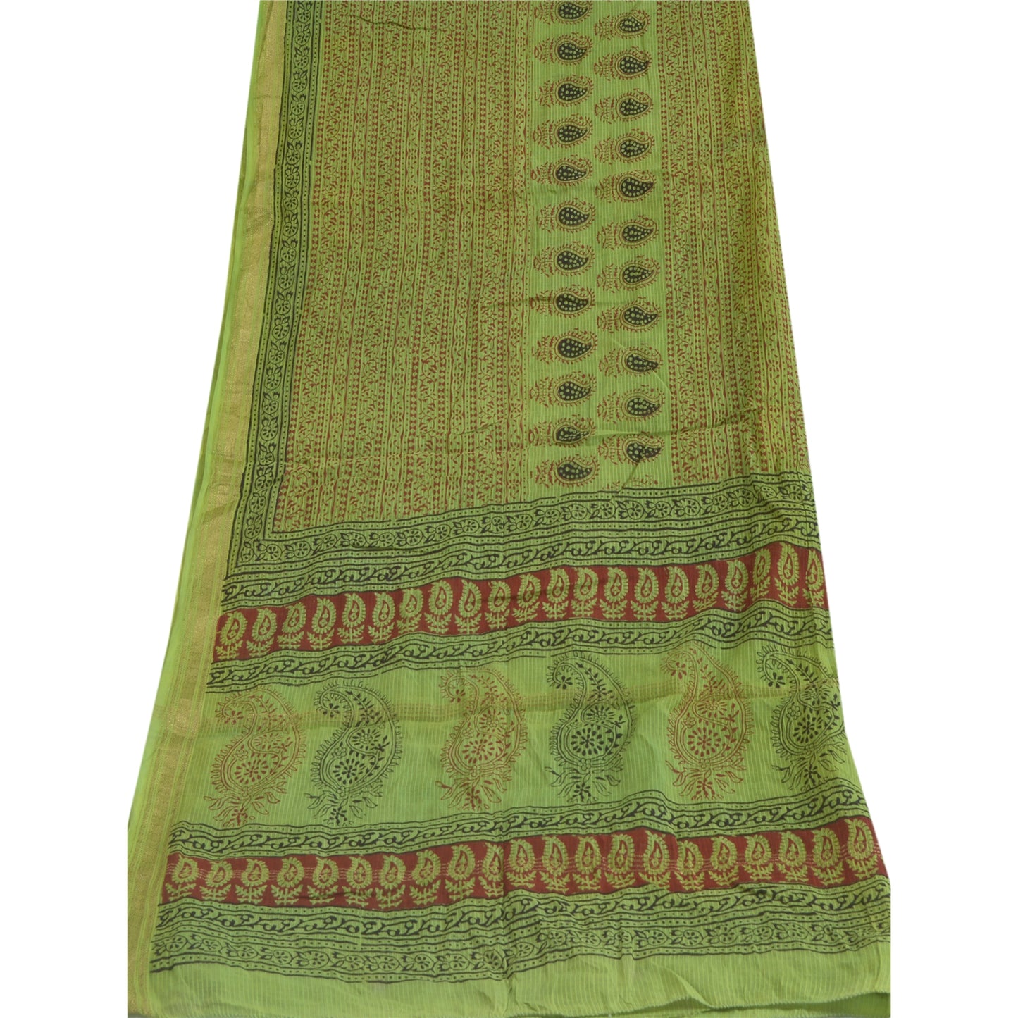 Sanskriti Vintage Long Green Dupatta/Stole Cotton Silk Hand-Block Printed Veil