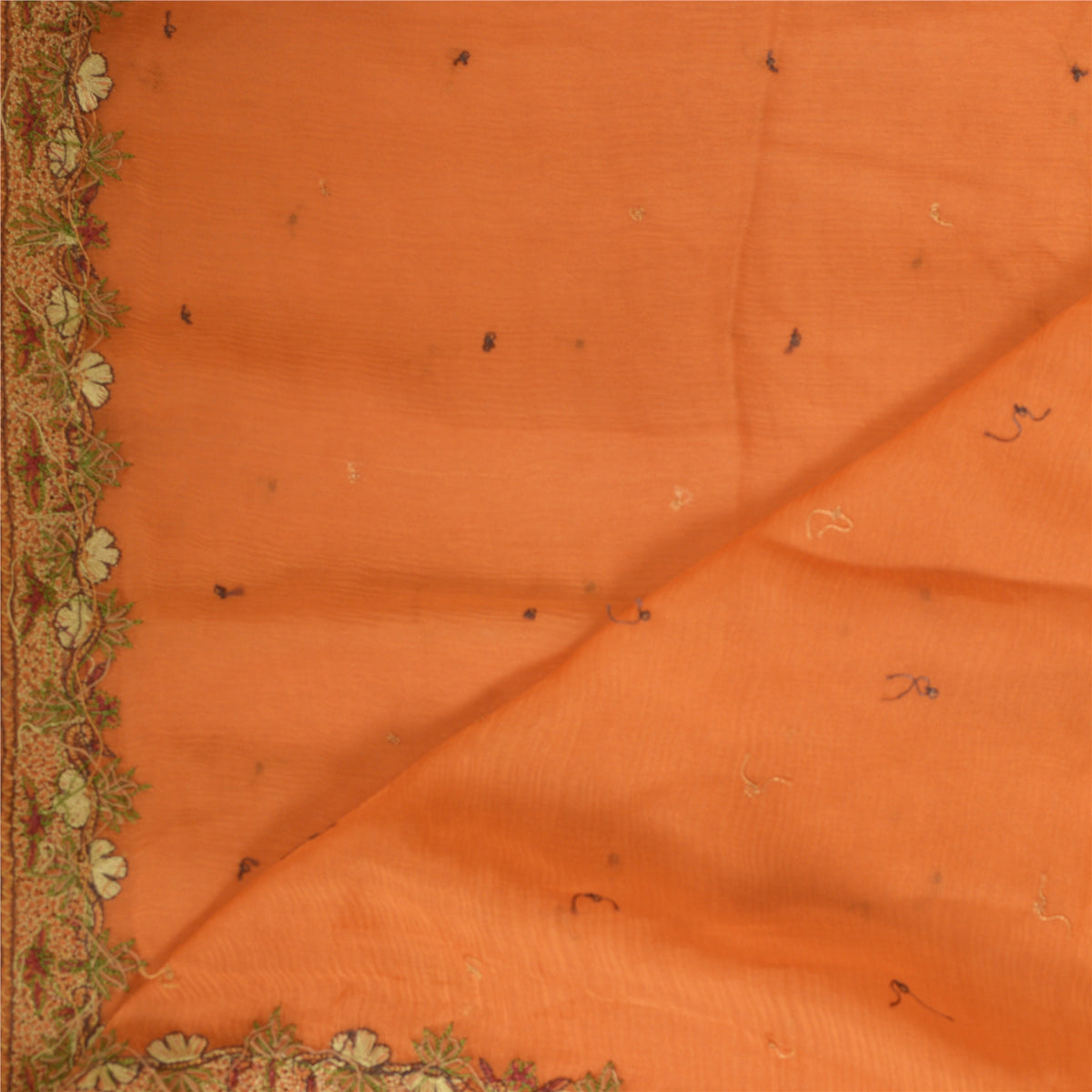 Sanskriti Vintage Embroidered Pure Chiffon Silk Long Dupatta Stole Orange-Ivory
