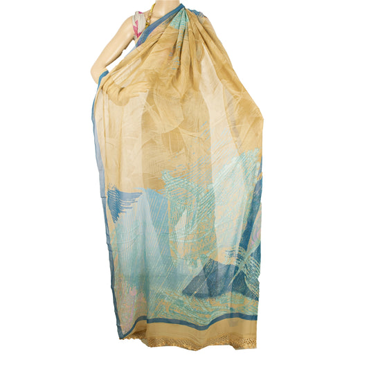 Sanskriti Vintage Long Beige & Blue Dupatta/Stole Pure Georgette Printed Veil