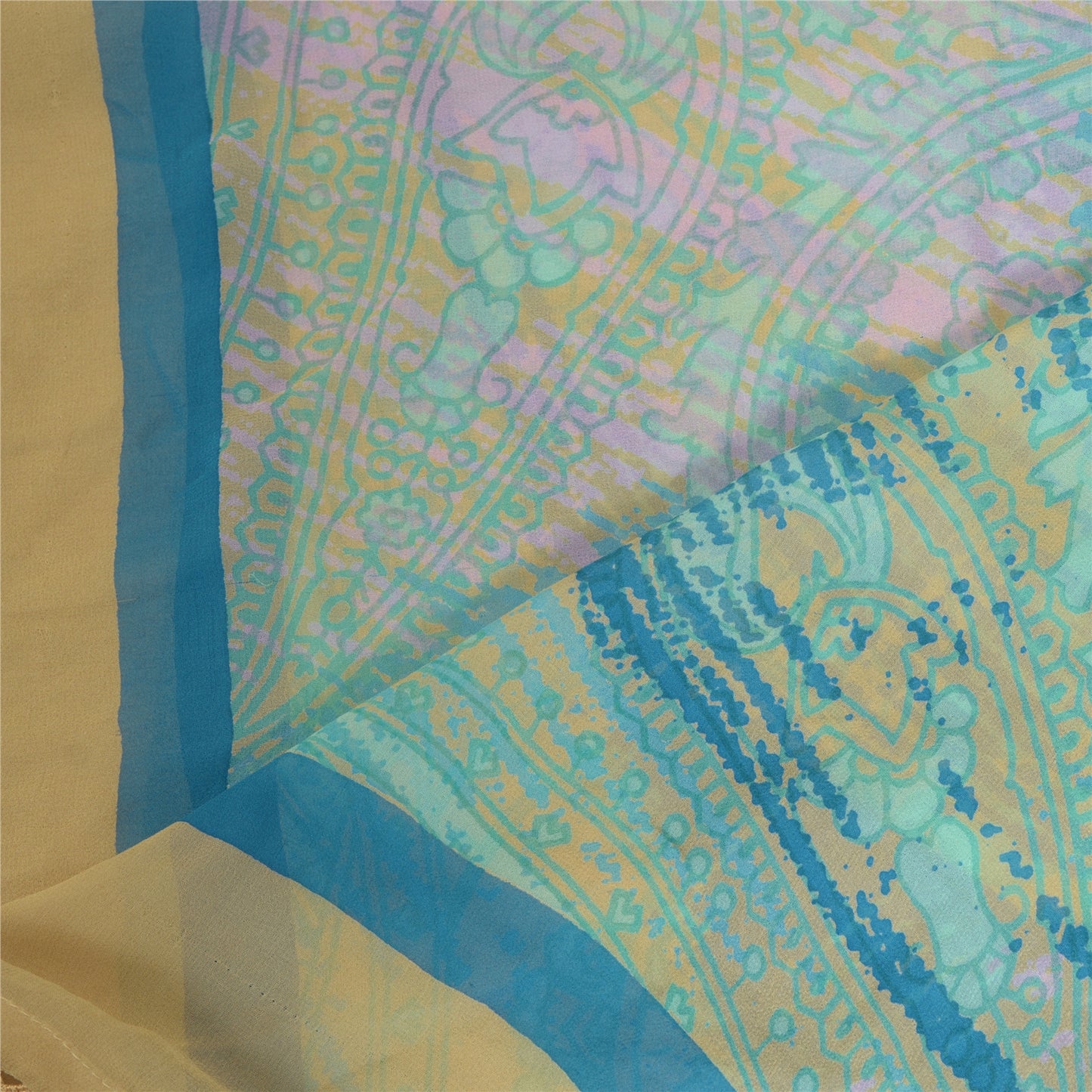 Sanskriti Vintage Long Beige & Blue Dupatta/Stole Pure Georgette Printed Veil