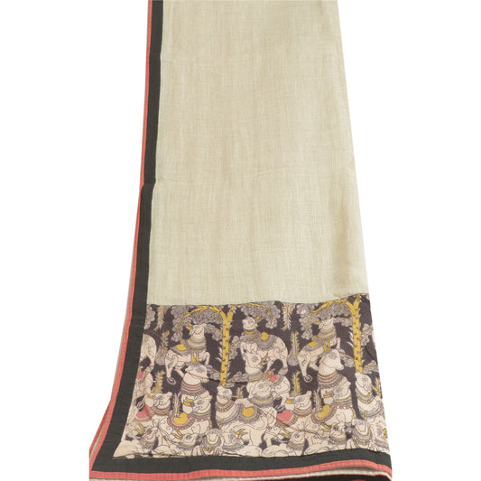 Sanskriti Vintage Long Dupatta Stole Pure Cotton Ivory Kalamkari Patch Wok Hijab