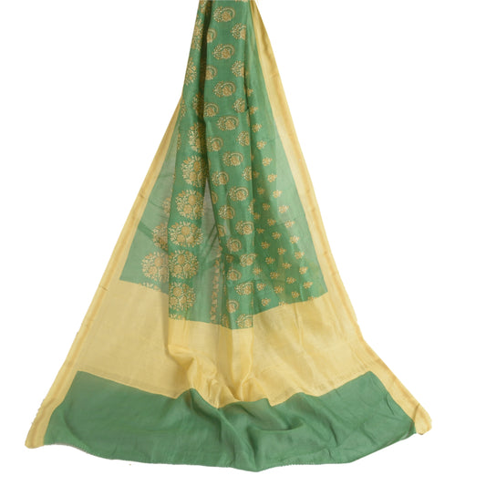 Sanskriti Vintage Block Printed-Woven Cotton Silk Dupatta Long Stole Green Veil